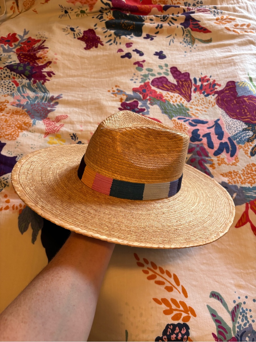 Sunshine Tienda Palm Straw Rancher Hat! New! Cute Rainbow band!